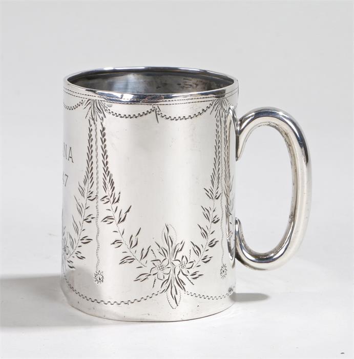 Late Victorian silver christening cup, Birmingham 1900, with loop handle, the body with engraved