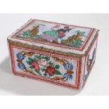 19th Century beadwork box, decorated with a dancing couple between ruins to the hinged lid, the side