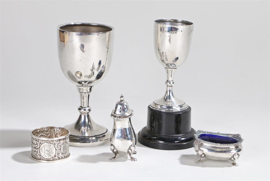 Silver, various dates and makers, to include two silver cups, a silver pepper pot, a silver salt