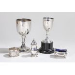 Silver, various dates and makers, to include two silver cups, a silver pepper pot, a silver salt