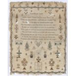 George III sampler, with a prayer above hearts and flowers, named and dated Jane Gifford 1793,