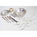 Silver plated wares, to include two dishes, a set of spoons, a set of forks, a carving set and two