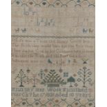 William IV sampler, with an alphabet, a row of numbers, a row of dogs and a verse above trees and