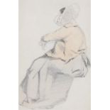 James Duffield Harding (1797-1863) Seated girl winding wool, pencil and watercolour, 9cm x 13cm