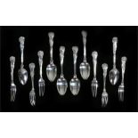 Six Victorian silver table spoons and forks, London 1874, maker H J Lias & Son, the Kings pattern