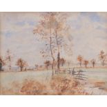 Thomas Churchyard (1798-1865) landscape scene with fence to the foreground, watercolour, 11.5cm x