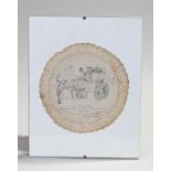 Attributed to Harriet Churchyard a framed drawing on a lace doily of a coach entitled "The