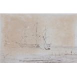 Samuel Prout (1783-1852) Three masted ship by the shore, signed pencil and sepia wash, 25.5cm x