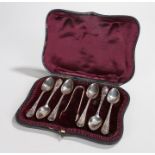 George V silver teaspoons and matching tongs, Sheffield 1915, maker Hawksworth, Eyre & Co Ltd, the