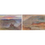 A W Hurt, (British 19th Century school) two watercolours, a castle at sunset and figures by the