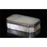 19th Century Chinese mother of pearl box with canted corners, the lid decorated with figures in a