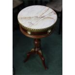 Reproduction French style circular side table, with marble inset top, porcelain roundel decorated