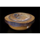 Japanese turned wooden box and cover, the lid with carved floral decoration, 15.5cm diameter max