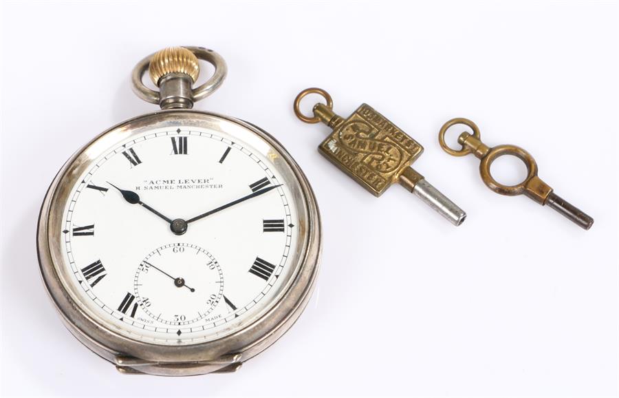 Acme Lever silver open face pocket watch, crown wound, together with two pocket watch keys, (3)