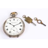 Acme Lever silver open face pocket watch, crown wound, together with two pocket watch keys, (3)