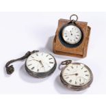 Three silver pocket watches, the first within a watch case, the second with a subsidiary dial and