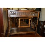 17th Century style oak side table, the rectangular top above a thumb moulded drawers and under tier,