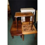 Walnut veneered occasional table with two smaller folding tables under, tile topped occasional