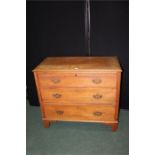 Edwardian beech chest of three long drawers, on bracket feet, 90cm wide