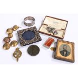 George III Two Pence, 1797, together with an Agate vesta case, a frame, silver napkin ring,