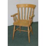 Light wood carver chair, with solid dished seat on turned legs