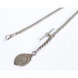 Silver pocket watch chain with T bar, clip and medal, 53 grams