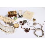 Silver bracelets, together with costume jewellery and a carved mother of pearl brooch, (qty)