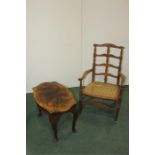 Ladder back armchair, quarter veneered walnut occasional table on cabriole legs, (2)