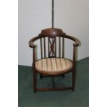 Edwardian boxwood inlaid armchair, with pierced splat back, oval upholstered seat, on square