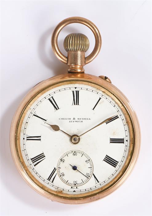 Gold plated half hunter pocket watch, the white enamel dial with Roman hours, crown wound