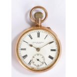 Gold plated half hunter pocket watch, the white enamel dial with Roman hours, crown wound