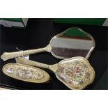 Vintage ornate dressing table set, mirror and two brushes, (3)