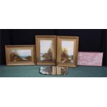 Three Normill landscape prints of riverbanks (two 44x64cm and one 64x44cm) a crocheted fabric and