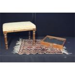 Persian mat, together with a stool and a glazed cabinet, (3)