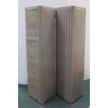 Fabric upholstered four-fold screen, woven rush five-fold screen, (2)