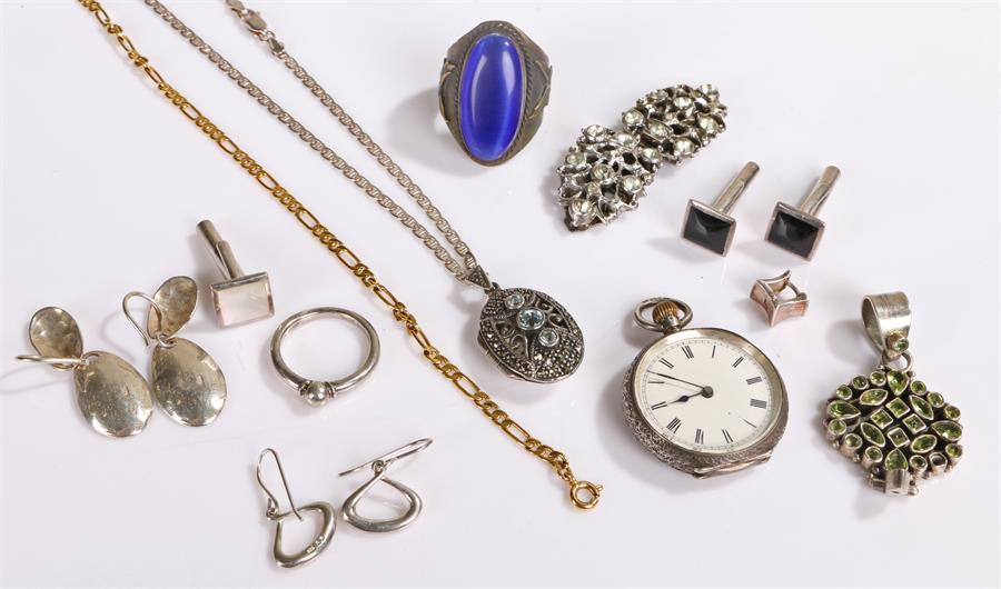 Jewellery and a pocket watch, the jewellery in silver and costume together with a silver pocket