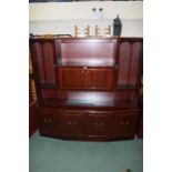 Reproduction mahogany veneered display cabinet, central recess and fall front drinks cupboard