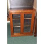 Mahogany pier cabinet / bookace, with a rectangular top above a pair of glazed doors on a plinth