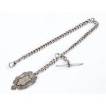 Silver pocket watch chain, with a clip, T bar and medal, 45 grams