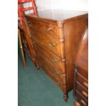 Reproduction walnut veneered chest of five long drawers flanked by reeded pilasters, on gadrooned