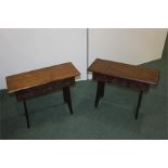 Two oak stools, with solid tops above lunette carved frieze, (2)