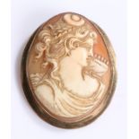 9 carat gold mounted cameo brooch, with a lady to the cameo, 42mm high