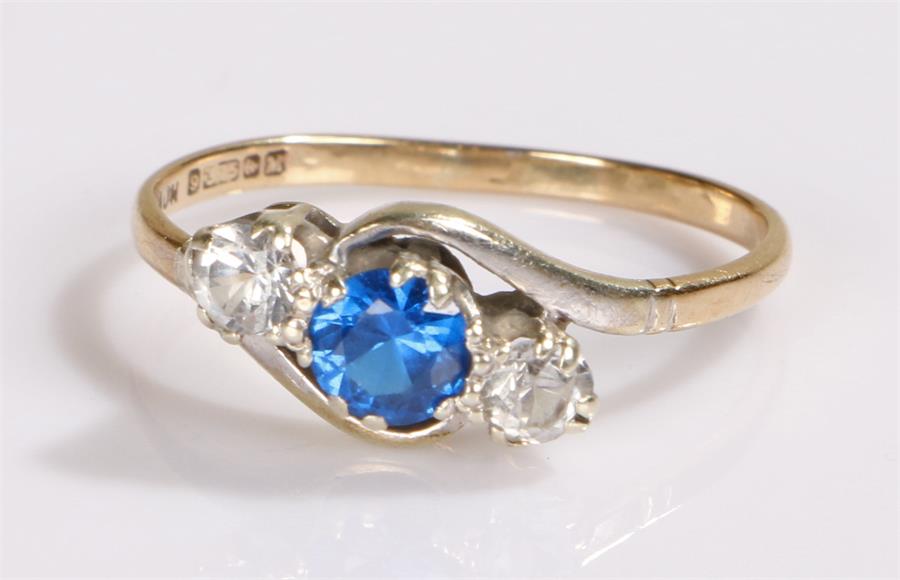 9 carat gold ring, with blue and clear glass stones, ring size R