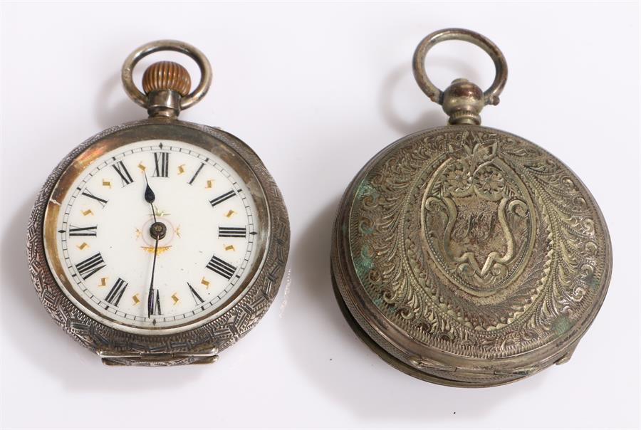 Silver open face pocket watch, together with a watch missing the dial, (2)