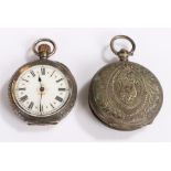 Silver open face pocket watch, together with a watch missing the dial, (2)