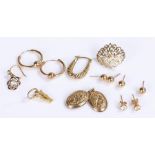 9 carat gold jewellery, to include earrings, a locket and single earrings, total weight 6 grams