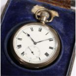 Silver open face pocket watch, with a white enamel dial and Roman hours, cased