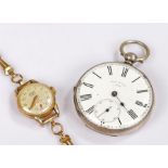Silver openface pocket watch, Gindrat & Co, together with Venus gold plated ladies wristwatch, (2)