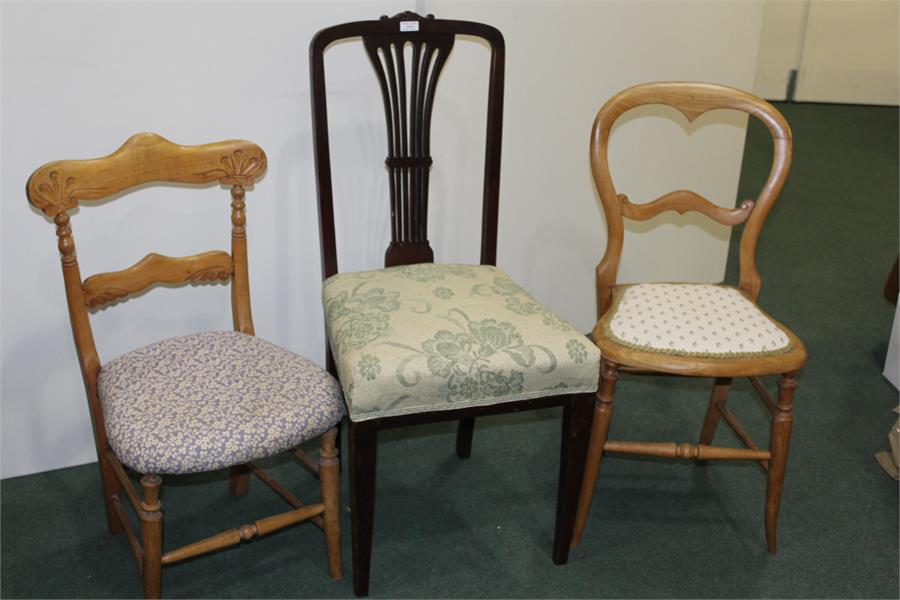 Single mahogany dining chair, two beech bedroom chairs, (3)
