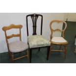 Single mahogany dining chair, two beech bedroom chairs, (3)